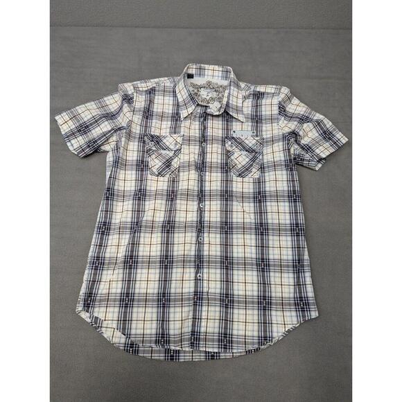 7 Diamonds Shirt Mens M Pearl Snap Short Sleeve Gray Plaid Pockets Western Retro - Picture 1 of 9